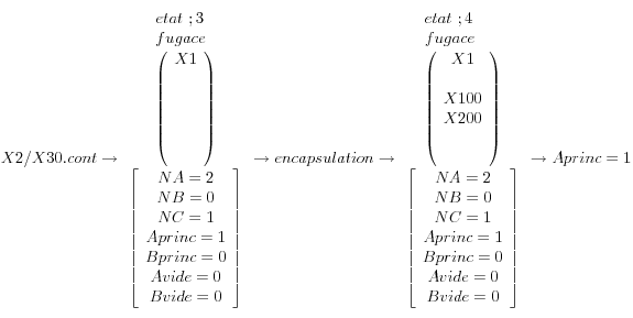 X2/X30.cont \to \begin{array}{*{20}c}   \begin{array}{l} etat~;3 \\  fugace \\  \left( \begin{array}{c} X1 \\   \\   \\   \\   \\   \\  \end{array} \right) \\  \end{array}  \\   {\left[ \begin{array}{c} NA = 2 \\  NB = 0 \\  NC = 1 \\  Aprinc = 1 \\  Bprinc = 0 \\  Avide = 0 \\  Bvide = 0 \\  \end{array} \right]}  \\\end{array} \to encapsulation \to \begin{array}{*{20}c}   \begin{array}{l} etat~;4 \\  fugace \\  \left( \begin{array}{c} X1 \\   \\  X100 \\  X200 \\   \\   \\  \end{array} \right) \\  \end{array}  \\   {\left[ \begin{array}{c} NA = 2 \\  NB = 0 \\  NC = 1 \\  Aprinc = 1 \\  Bprinc = 0 \\  Avide = 0 \\  Bvide = 0 \\  \end{array} \right]}  \\\end{array} \to Aprinc = 1