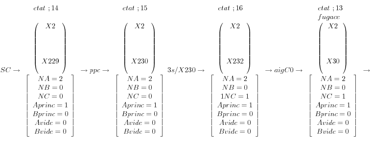 SC \to \begin{array}{*{20}c}   \begin{array}{l} etat~;14 \\   \\  \left( \begin{array}{c} X2 \\   \\   \\   \\  X229 \\   \\  \end{array} \right) \\  \end{array}  \\   {\left[ \begin{array}{c} NA = 2 \\  NB = 0 \\  NC = 0 \\  Aprinc = 1 \\  Bprinc = 0 \\  Avide = 0 \\  Bvide = 0 \\  \end{array} \right]}  \\\end{array} \to ppc \to \begin{array}{*{20}c}   \begin{array}{l} etat~;15 \\   \\  \left( \begin{array}{c} X2 \\   \\   \\   \\  X230 \\   \\  \end{array} \right) \\  \end{array}  \\   {\left[ \begin{array}{c} NA = 2 \\  NB = 0 \\  NC = 0 \\  Aprinc = 1 \\  Bprinc = 0 \\  Avide = 0 \\  Bvide = 0 \\  \end{array} \right]}  \\\end{array}3s/X230 \to \begin{array}{*{20}c}   \begin{array}{l} etat~;16 \\   \\  \left( \begin{array}{c} X2 \\   \\   \\   \\  X232 \\   \\  \end{array} \right) \\  \end{array}  \\   {\left[ \begin{array}{c} NA = 2 \\  NB = 0 \\  \user1{NC = 1} \\  Aprinc = 1 \\  Bprinc = 0 \\  Avide = 0 \\  Bvide = 0 \\  \end{array} \right]}  \\\end{array} \to aigC0 \to \begin{array}{*{20}c}   \begin{array}{l} etat~;13 \\  fugace \\  \left( \begin{array}{c} X2 \\   \\   \\   \\  X30 \\   \\  \end{array} \right) \\  \end{array}  \\   {\left[ \begin{array}{c} NA = 2 \\  NB = 0 \\  NC = 1 \\  Aprinc = 1 \\  Bprinc = 0 \\  Avide = 0 \\  Bvide = 0 \\  \end{array} \right]}  \\\end{array} \to 