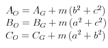 \begin{array}{l} A_O  = A_G  + m\left( {b^2  + c^2 } \right) \\  B_O  = B_G  + m\left( {a^2  + c^2 } \right) \\  C_O  = C_G  + m\left( {a^2  + b^2 } \right) \\  \end{array}